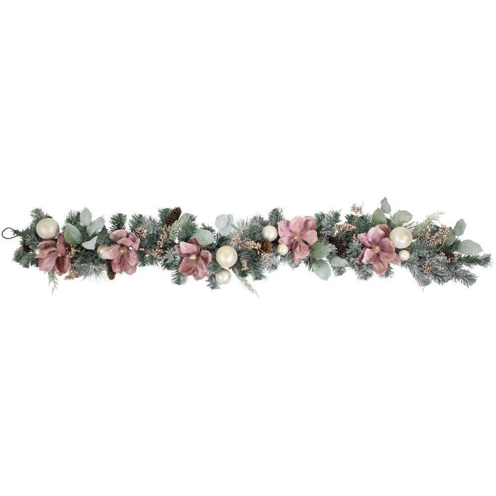 Unlit Garland | 6′ Pink Floral and Ball Ornament Frosted Pine Artificial Christmas Garland Garland Unlit Garland