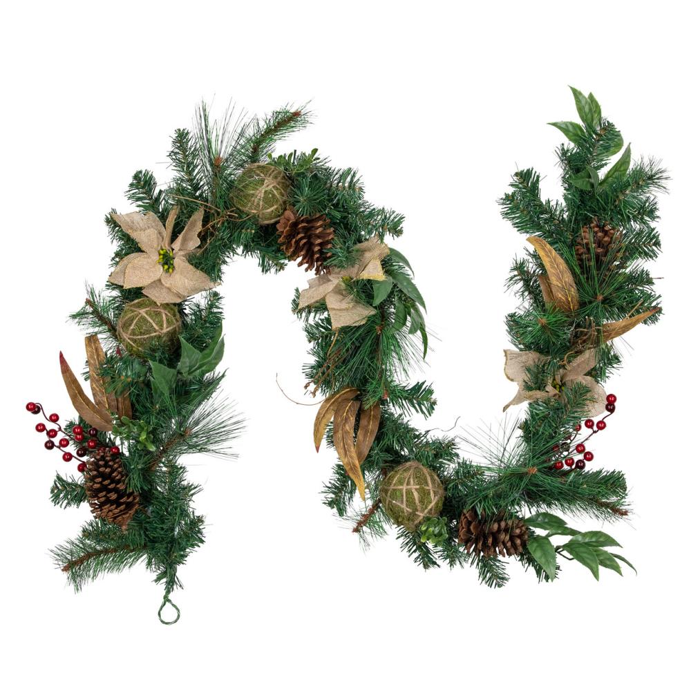 Unlit Garland | 6′ x 10" Mixed Pine with Poinsettias and Berries Christmas Garland, Unlit Garland Specialty Garland