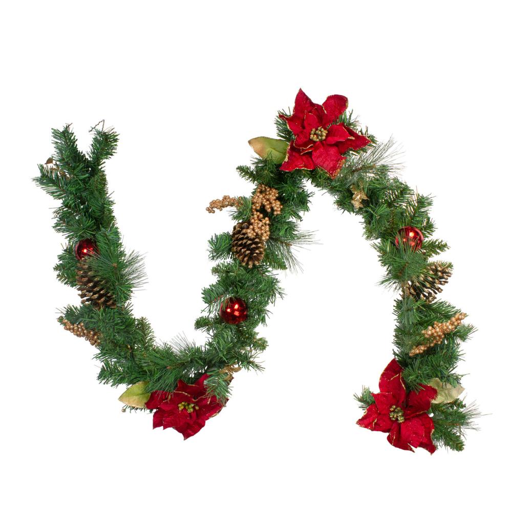 Unlit Garland | 6′ x 10" Pine and Poinsettias Artificial Christmas Garland – Unlit Berry Garland Berry Garland