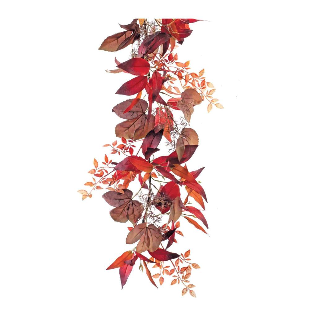 Unlit Garland | 6′ x 13.5" Red and Brown Mixed Leaf Fall Harvest Garland Garland Unlit Garland