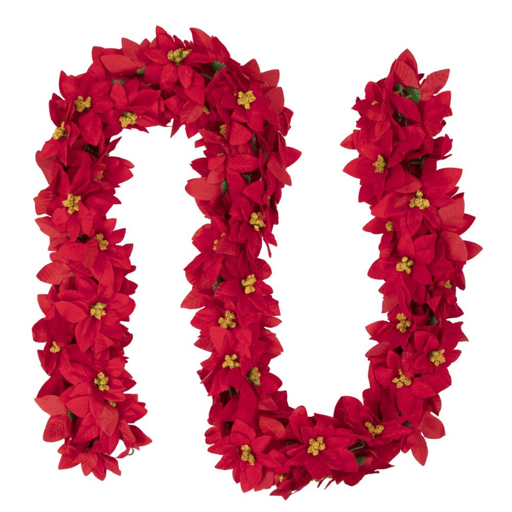 Unlit Garland | 6′ x 3" Red Artificial Poinsettia Floral Christmas Garland – Unlit Garland Unlit Garland