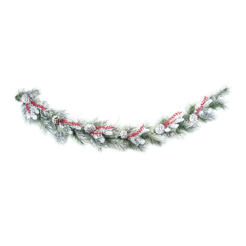 Unlit Garland | 6′ x 8" Flocked Pine with Berry Artificial Christmas Garland, Unlit Frosted, Flocked, Iced Garland Frosted, Flocked, Iced Garland