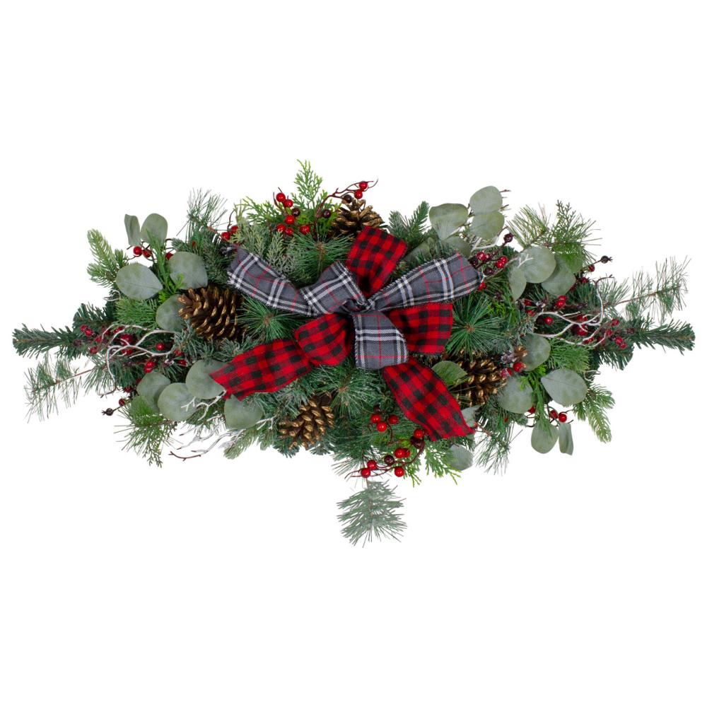 Unlit Swags | 36" Dual Plaid Bows and Red Berries Artificial Christmas Swag – Unlit Swags & Teardrops Unlit Swags