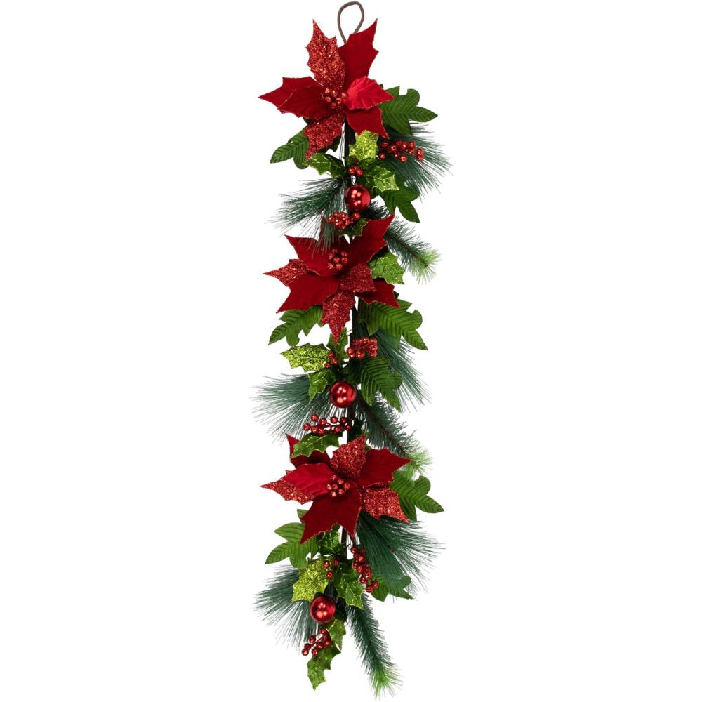 Unlit Swags | 48" Glittered Red Poinsettia and Long Pine Christmas Swag, Unlit Swags & Teardrops Unlit Swags