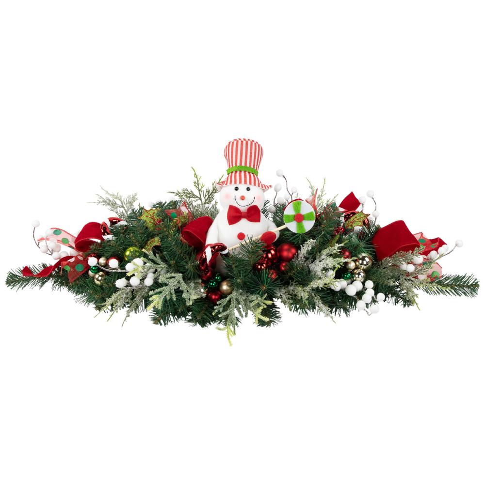 Unlit Swags | Candy Cane Snowman and Ornaments Christmas Swag – 37.5" – Unlit Swags & Teardrops Unlit Swags