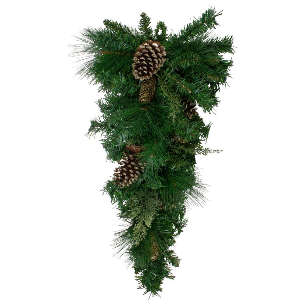 Unlit Teardrops | 28" Artificial Mixed Pine with Pine Cones and Gold Glitter Christmas Teardrop Swag – Unlit Swags & Teardrops Unlit Teardrops