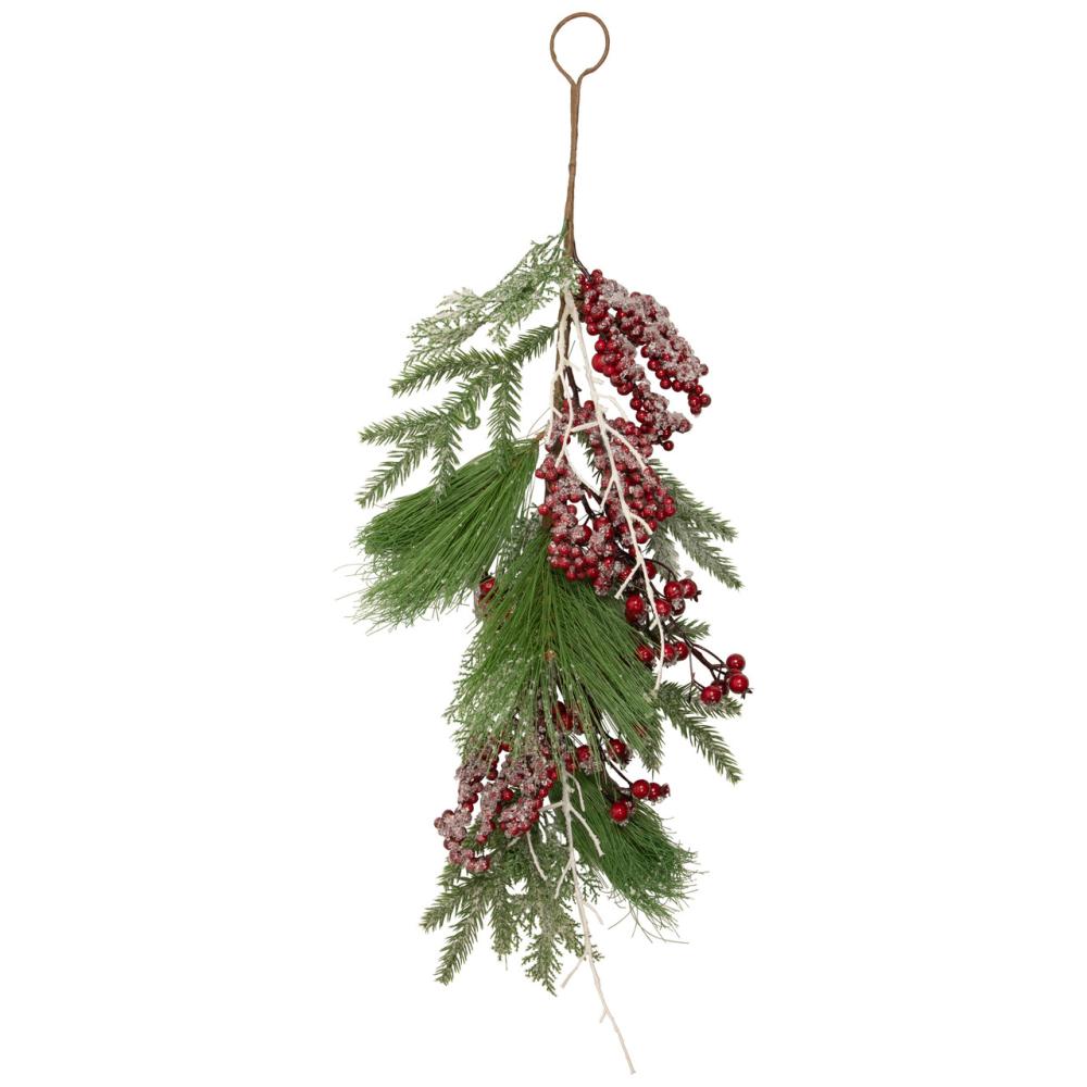 Unlit Teardrops | 28" Frosted Red Berries and Pine Cones Artificial Christmas Teardrop Swag Swags & Teardrops Unlit Teardrops