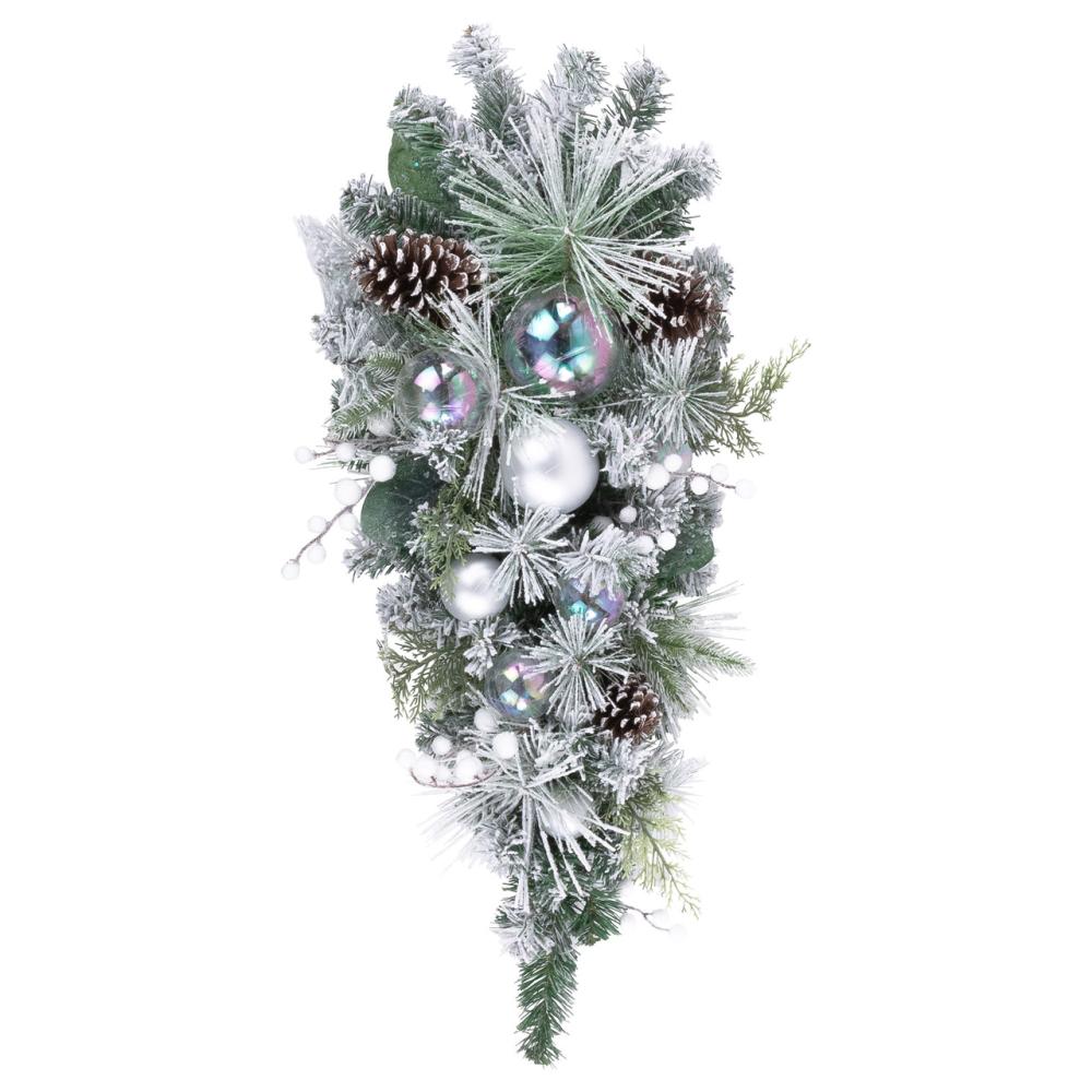 Unlit Teardrops | 30" Flocked Pine Artificial Christmas Teardrop Swag with Iridescent Ornaments – Unlit Swags & Teardrops Unlit Teardrops