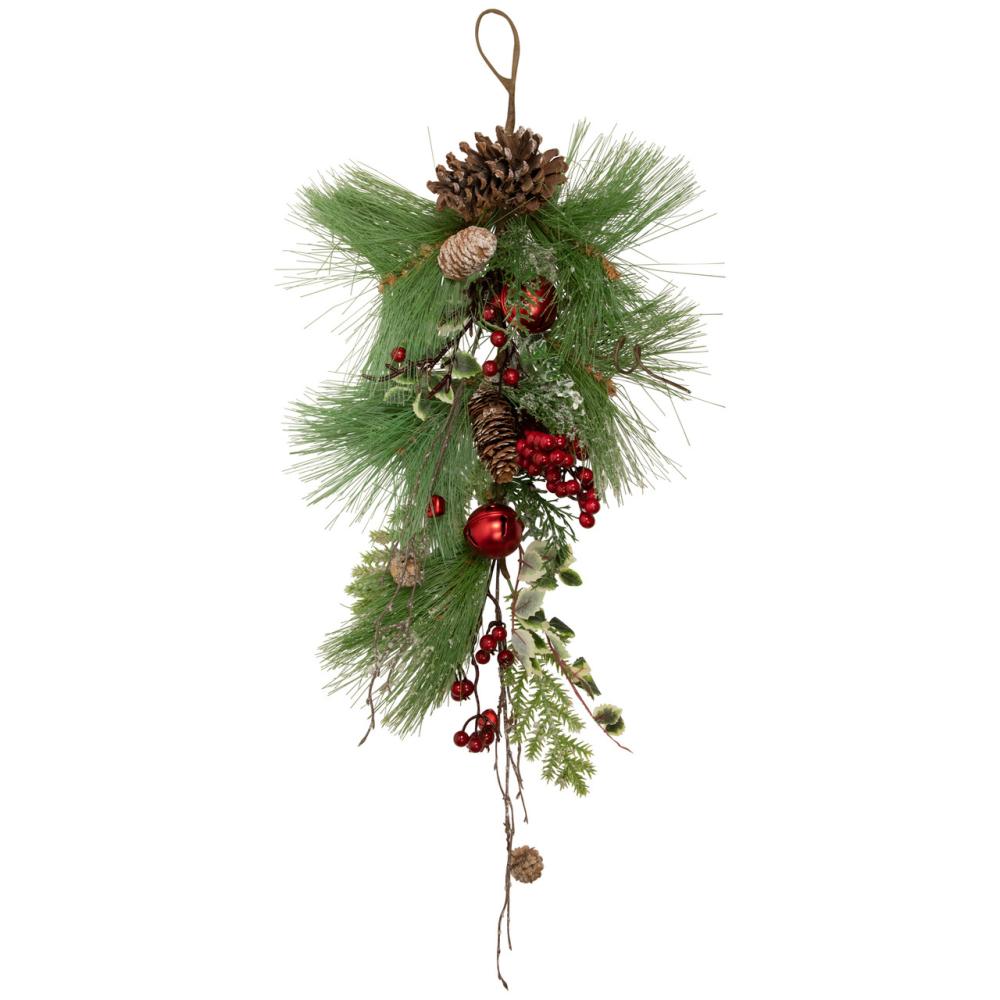 Unlit Teardrops | 30" Frosted Berries and Pine Cones Artificial Christmas Teardrop Swag – Unlit Swags & Teardrops Unlit Teardrops