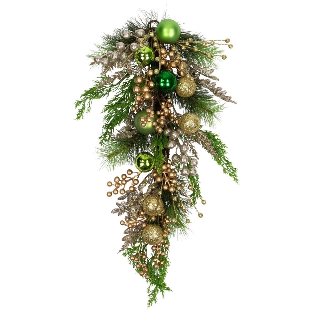 Unlit Teardrops | Ball Ornaments and Berries Glittered Artificial Christmas Swag – 25" Swags & Teardrops Unlit Swags