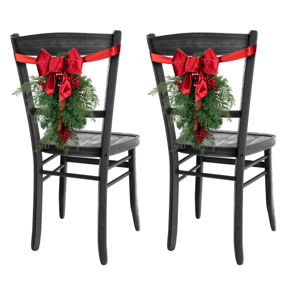 Unlit Teardrops | Set of 2 Mixed Cedar and Pine Christmas Chair Back Swags Swags & Teardrops Unlit Teardrops