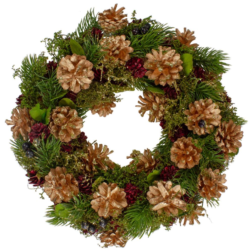 Unlit Wreaths | 12" Green, Gold, and Red Glitter Pinecones Christmas Wreath Specialty Wreaths Specialty Wreaths