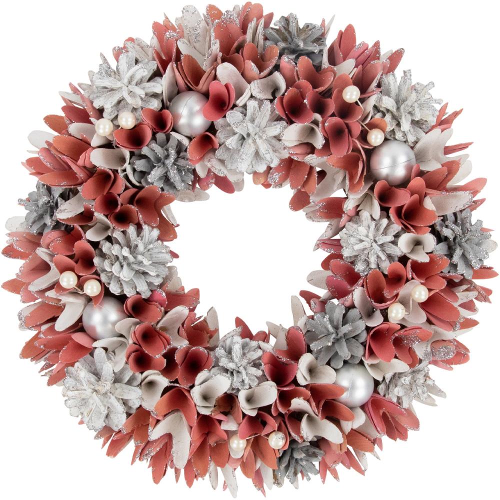 Unlit Wreaths | 13" Pink and White Wooden Floral Christmas Wreath with Pinecones Specialty Wreaths Specialty Wreaths