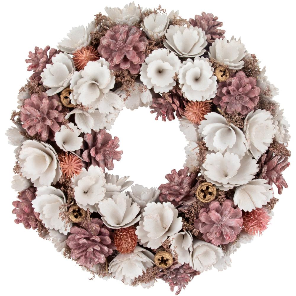 Unlit Wreaths | 13" White and Pink Wooden Floral Christmas Wreath with Pinecones Specialty Wreaths Specialty Wreaths