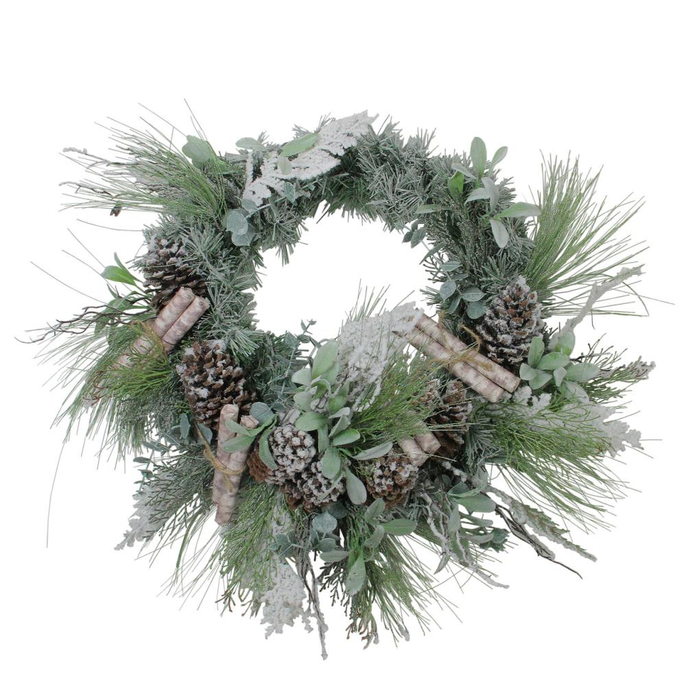 Unlit Wreaths | 24" Artificial Frosted Pine, Birch Scrolls and Pine Cone Christmas Wreath – Unlit Traditional Pine Wreaths Traditional Pine Wreaths