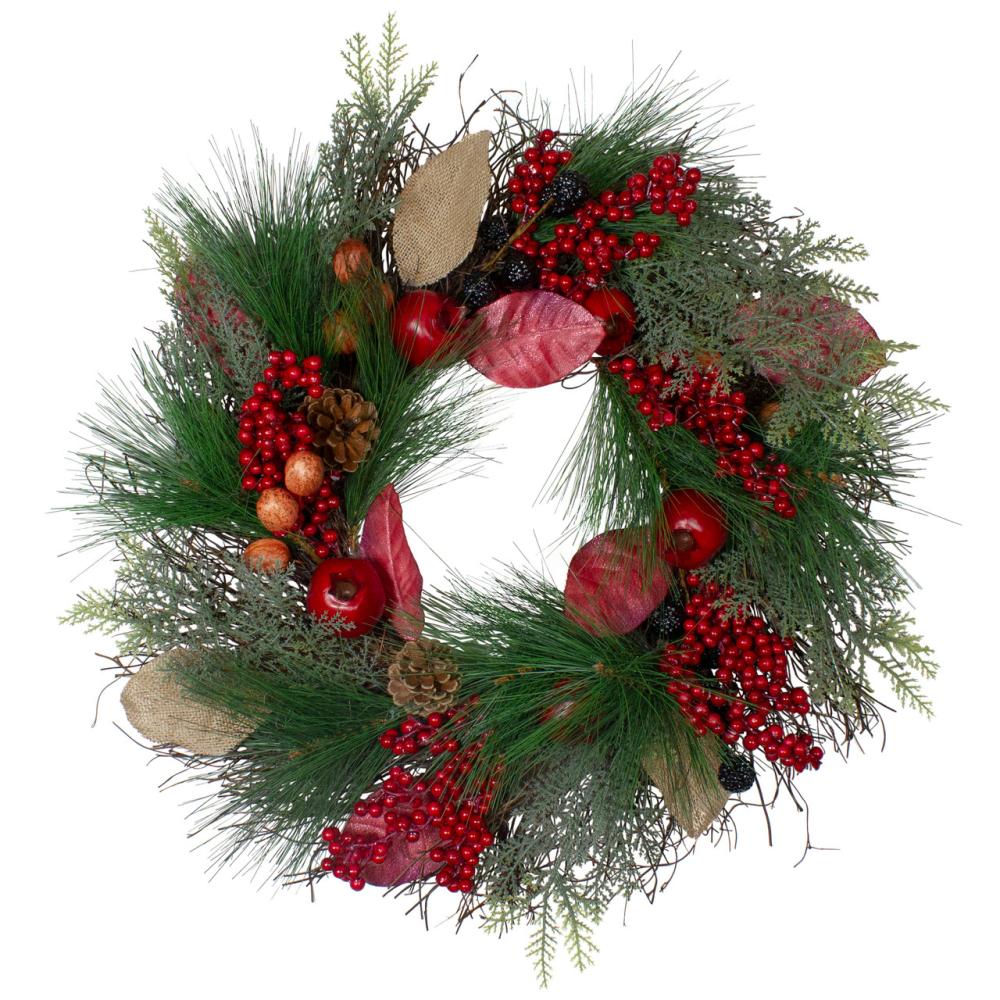 Unlit Wreaths | 24" Autumn Harvest Pine, Berry and Pomegranate Wreath – Unlit Unlit Wreaths Unlit Wreaths