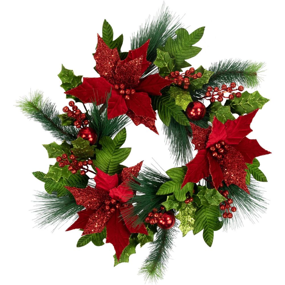 Unlit Wreaths | 24" Glittered Red Poinsettia and Long Pine Christmas Wreath, Unlit Specialty Wreaths Specialty Wreaths