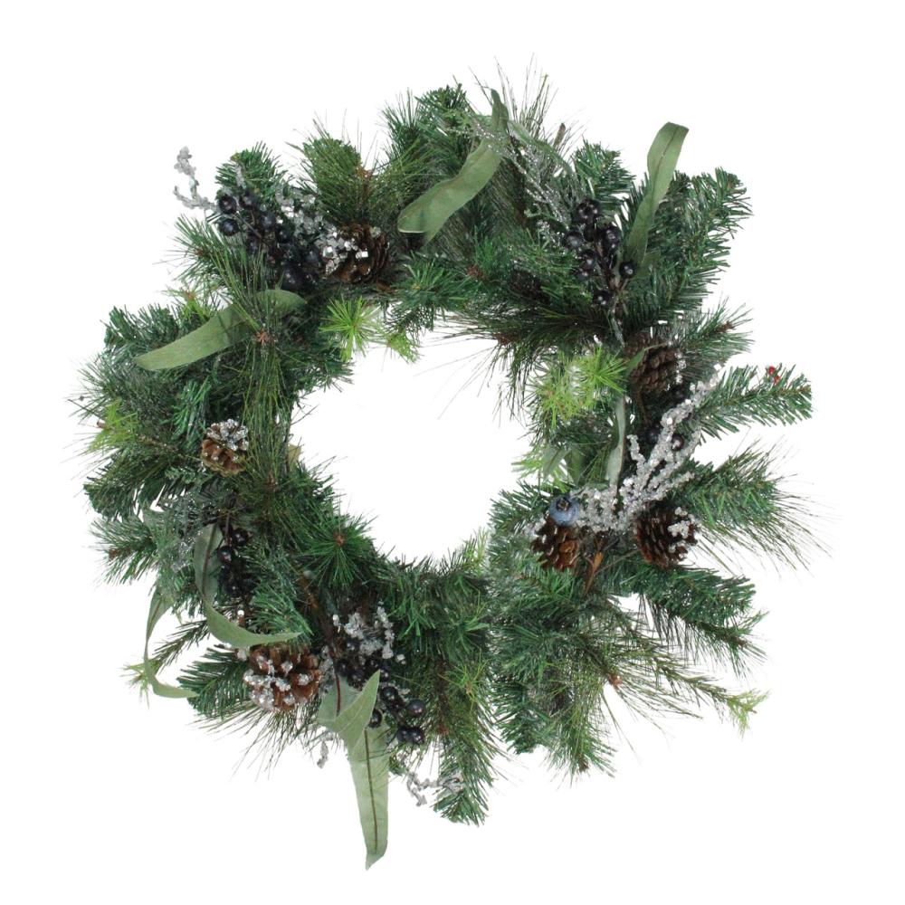 Unlit Wreaths | 24" Mixed Pine with Blueberries Pine Cones and Ice Twigs Artificial Christmas Wreath – Unlit Specialty Wreaths Specialty Wreaths