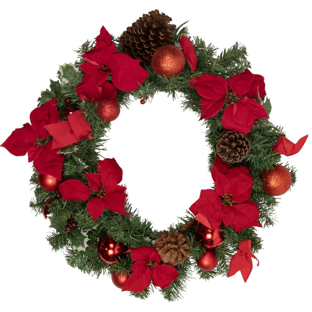 Unlit Wreaths | 24" Poinsettia with Pinecone and Ball Artificial Christmas Wreath – Unlit Specialty Wreaths Specialty Wreaths