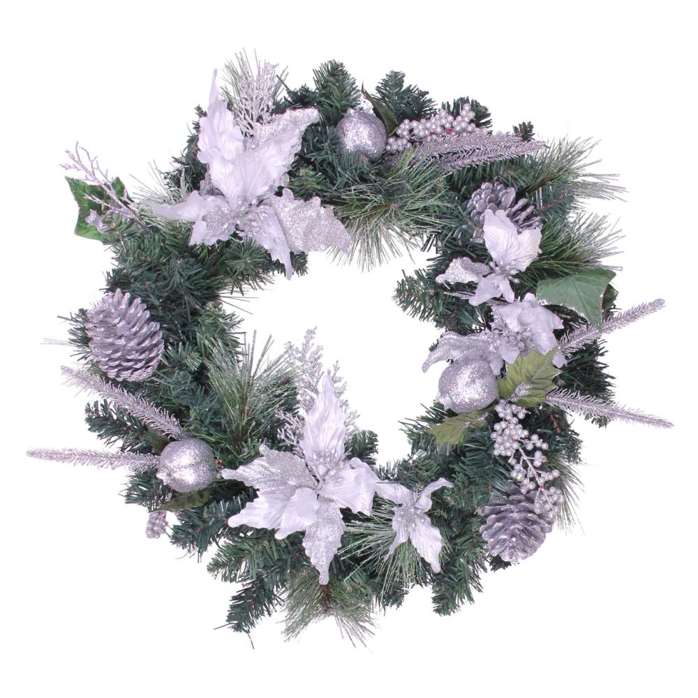 Unlit Wreaths | 24" Silver Glittered Poinsettia with Pine Cones and Berries Artificial Christmas Wreath – Unlit Specialty Wreaths Specialty Wreaths