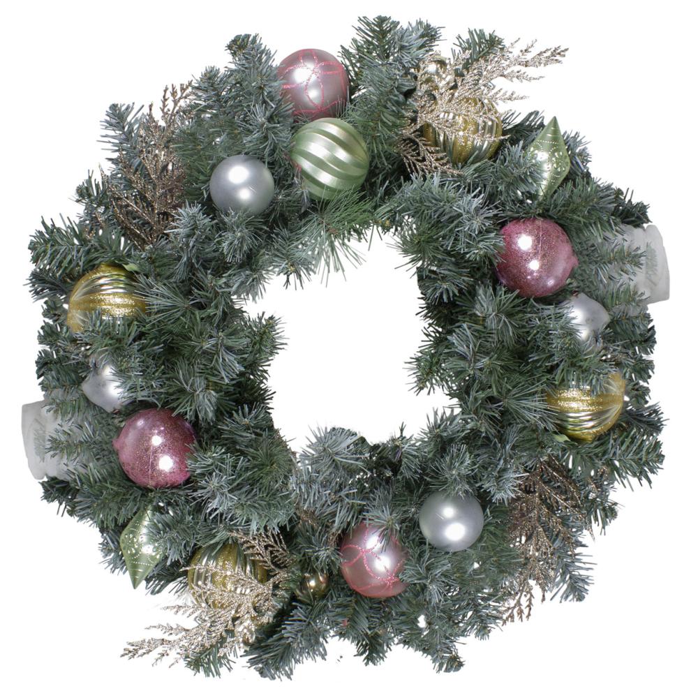 Unlit Wreaths | 24" Unlit Pre-Decorated Pink and Gold Ornaments Frosted Artificial Christmas Wreath Specialty Wreaths Specialty Wreaths