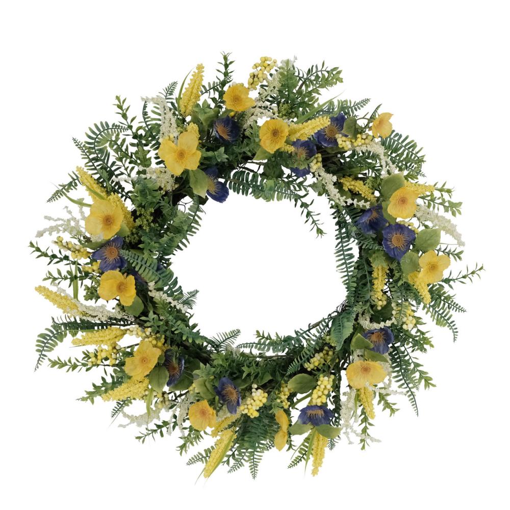 Unlit Wreaths | 30" Green and Yellow Puleo International Artificial Poppy Floral Spring Wreath Unlit Wreaths Unlit Wreaths