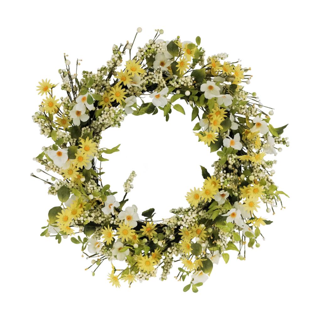 Unlit Wreaths | 30" Yellow and Green Puleo International Artificial Dogwood and Daisy Floral Spring Wreath Unlit Wreaths Unlit Wreaths