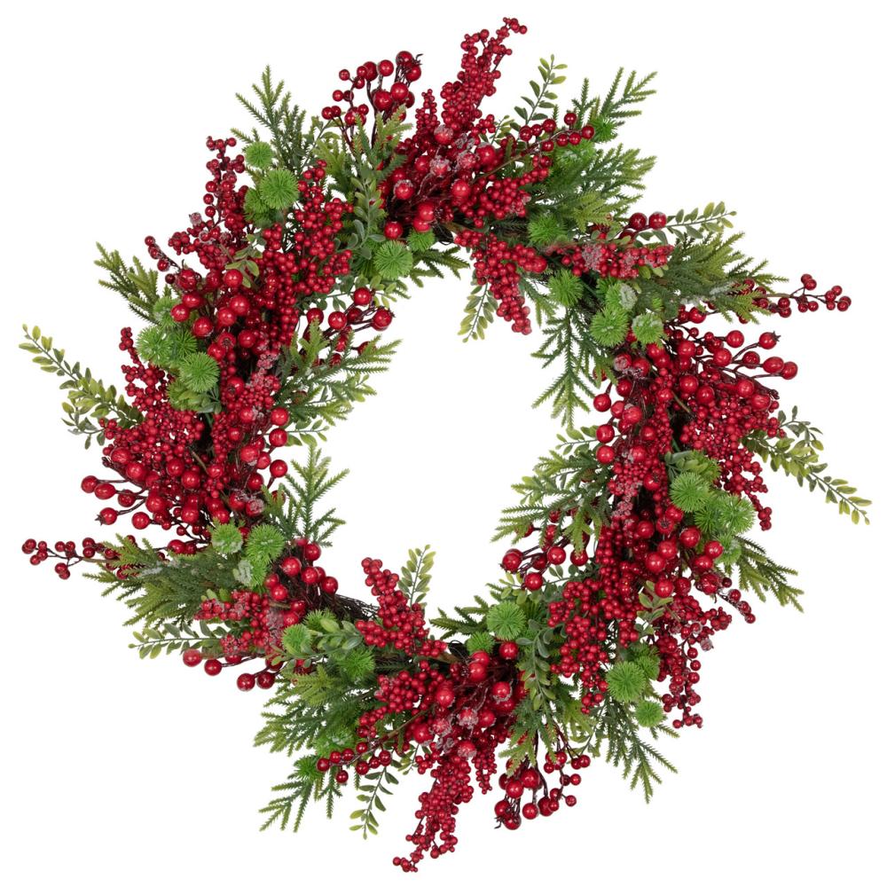 Unlit Wreaths | Artificial Frosted Red Berry and Pine Christmas Wreath, 28-Inch, Unlit Berry Wreaths Berry Wreaths