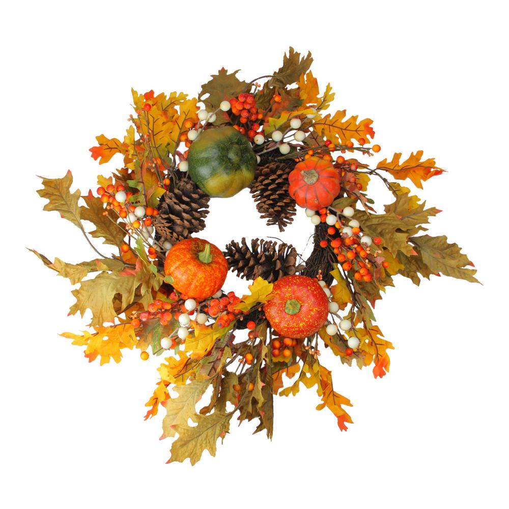 Unlit Wreaths | Fallen Leaves with Pine Cones and Pumpkins Artificial Thanksgiving Wreath, Orange 24-Inch Unlit Wreaths Unlit Wreaths