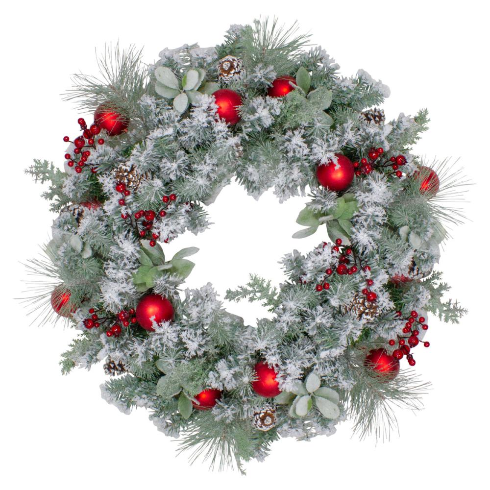 Unlit Wreaths | Flocked Artificial Mixed Pine and Red Ball and Berries Christmas Wreath, 40-Inch, Unlit Unlit Wreaths Unlit Wreaths