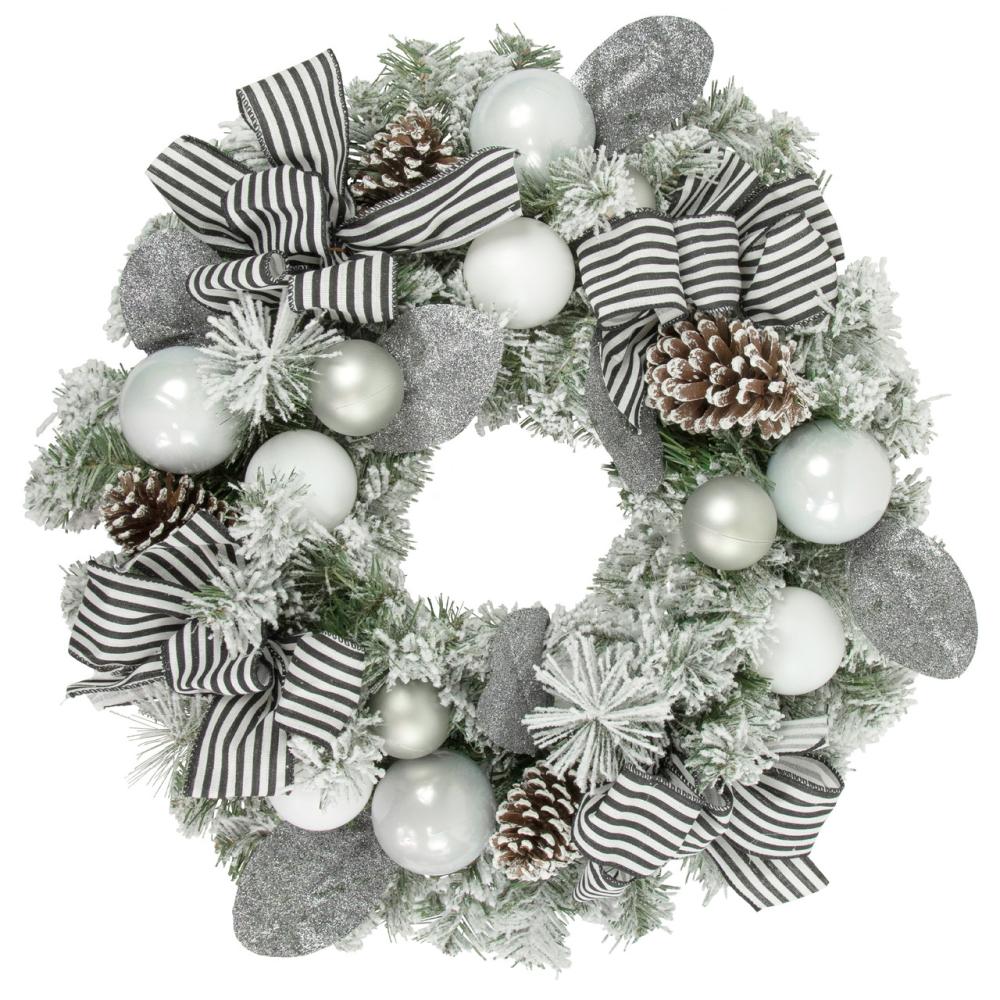 Unlit Wreaths | Frosted Pine Artificial Christmas Wreath with Striped Bows – 24" -Unlit Specialty Wreaths Specialty Wreaths