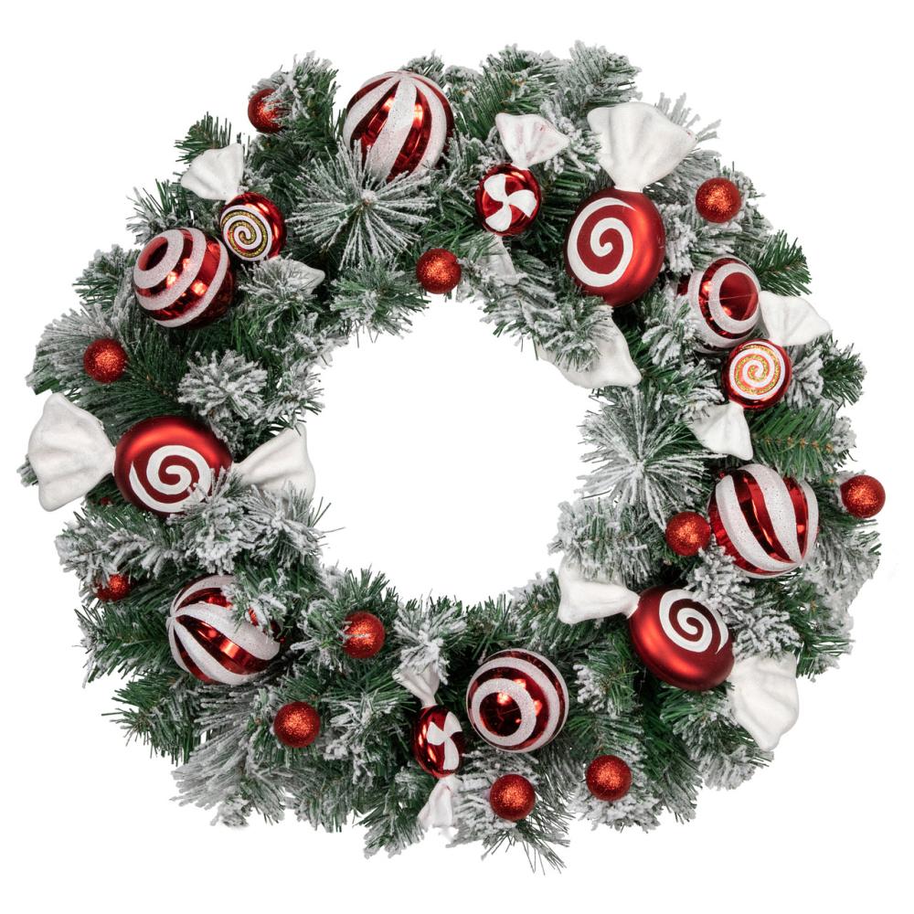 Unlit Wreaths | Frosted Pine Artificial Christmas Wreath with Swirled Candy Ornaments, 24-Inch Specialty Wreaths Specialty Wreaths