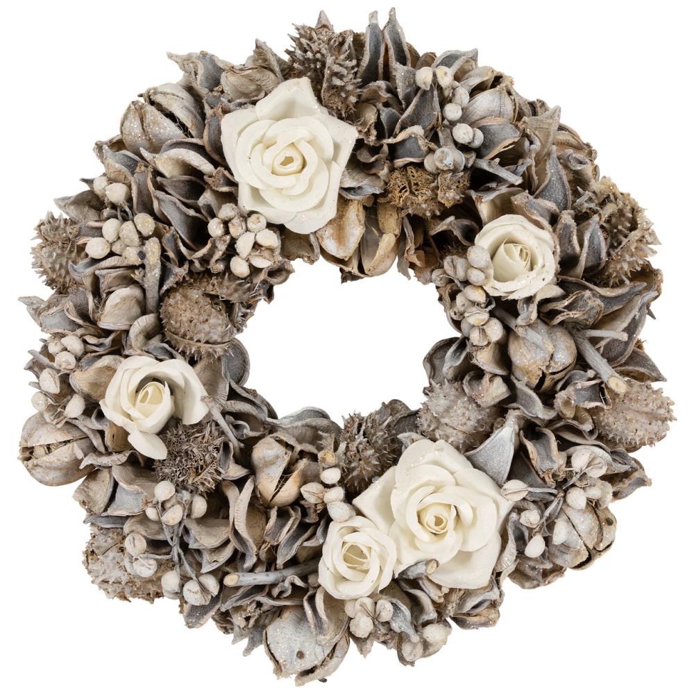 Unlit Wreaths | Glittered White Roses Winter Botanicals Artificial Christmas Wreath – 9.5" – Unlit Unlit Wreaths Unlit Wreaths