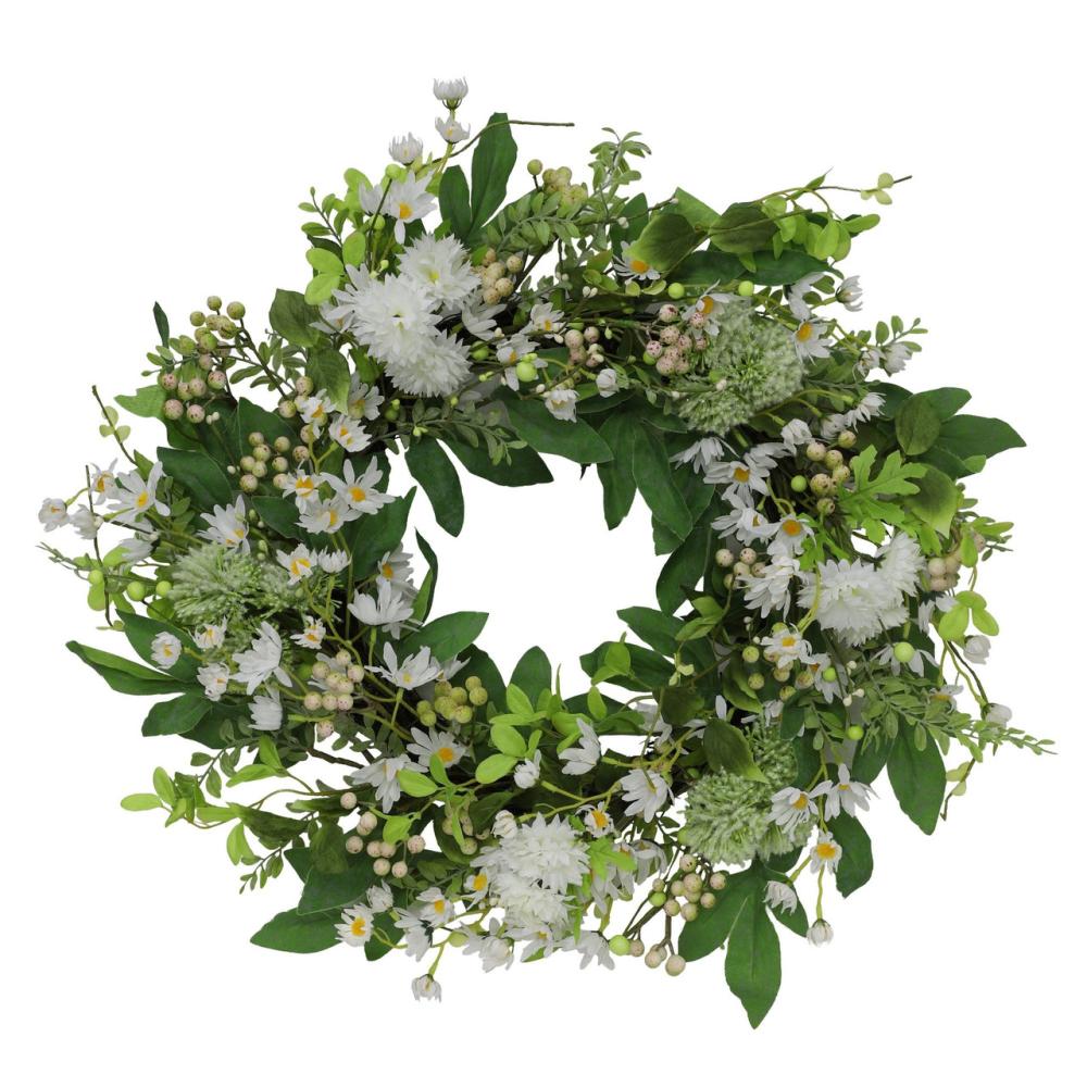 Unlit Wreaths | Green and White Daisy Faux Twig Spring Mixed Floral Wreath – 24-Inch, Unlit Unlit Wreaths Unlit Wreaths