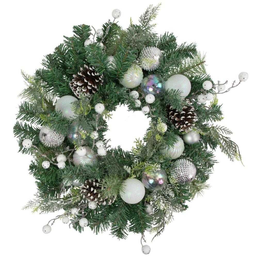 Unlit Wreaths | Green Pine Artificial Christmas Wreath with Berries and Iridescent Ornaments, 24-Inch Specialty Wreaths Specialty Wreaths