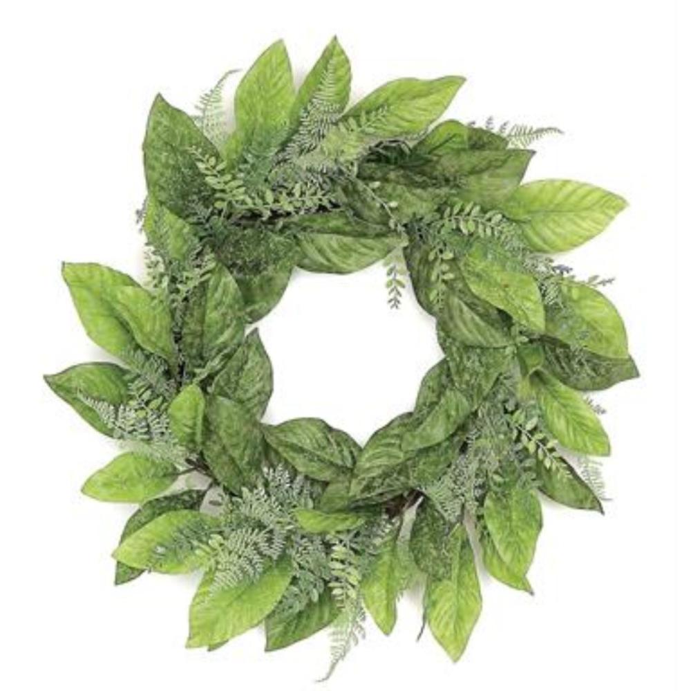 Unlit Wreaths | Magnolia Foliage, Ferns and Tea Leaves Artificial Spring Wreath, Green 24-Inch Specialty Wreaths Specialty Wreaths