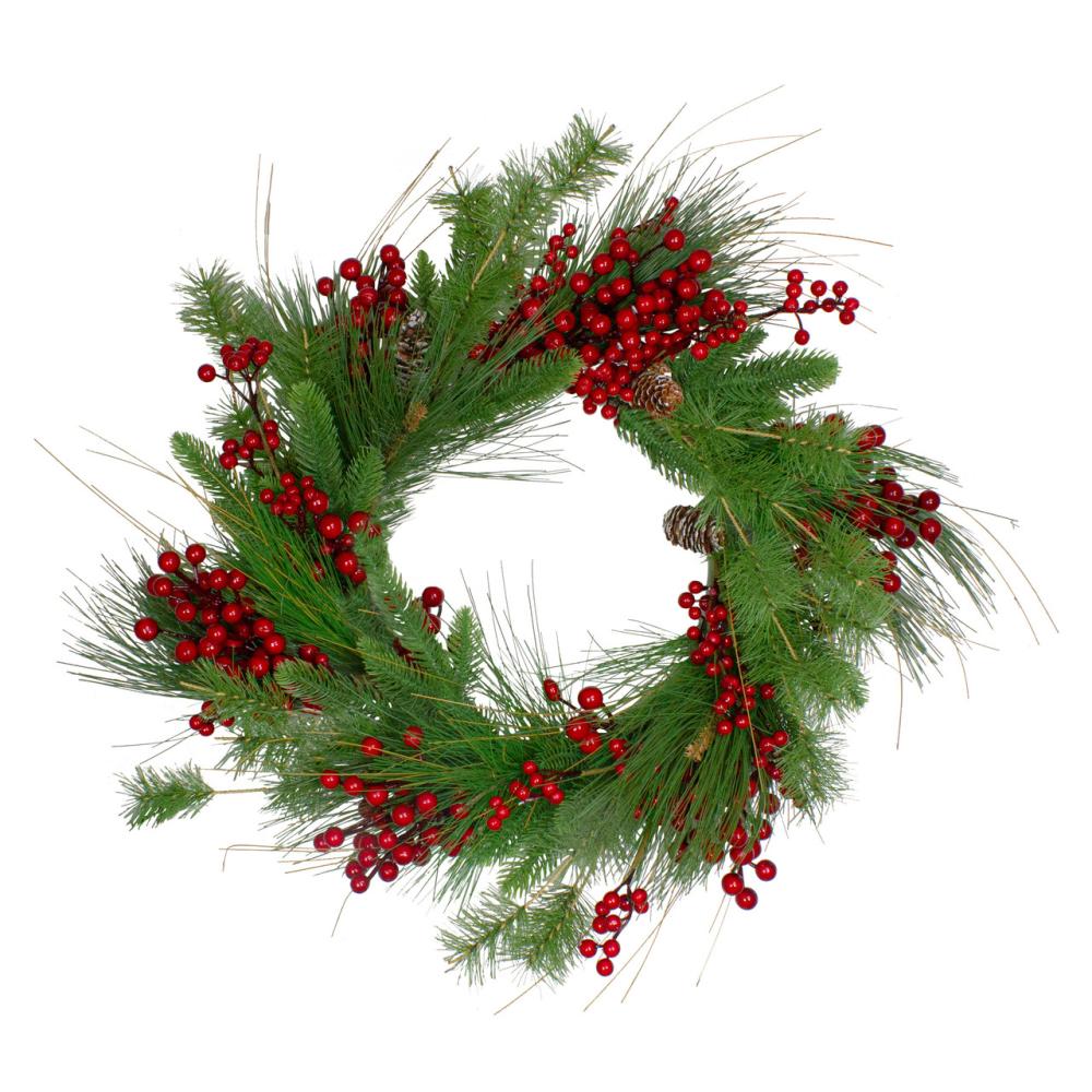 Unlit Wreaths | Mixed Pine and Red Berry Artificial Christmas Wreath – 24" – Unlit Unlit Wreaths Unlit Wreaths