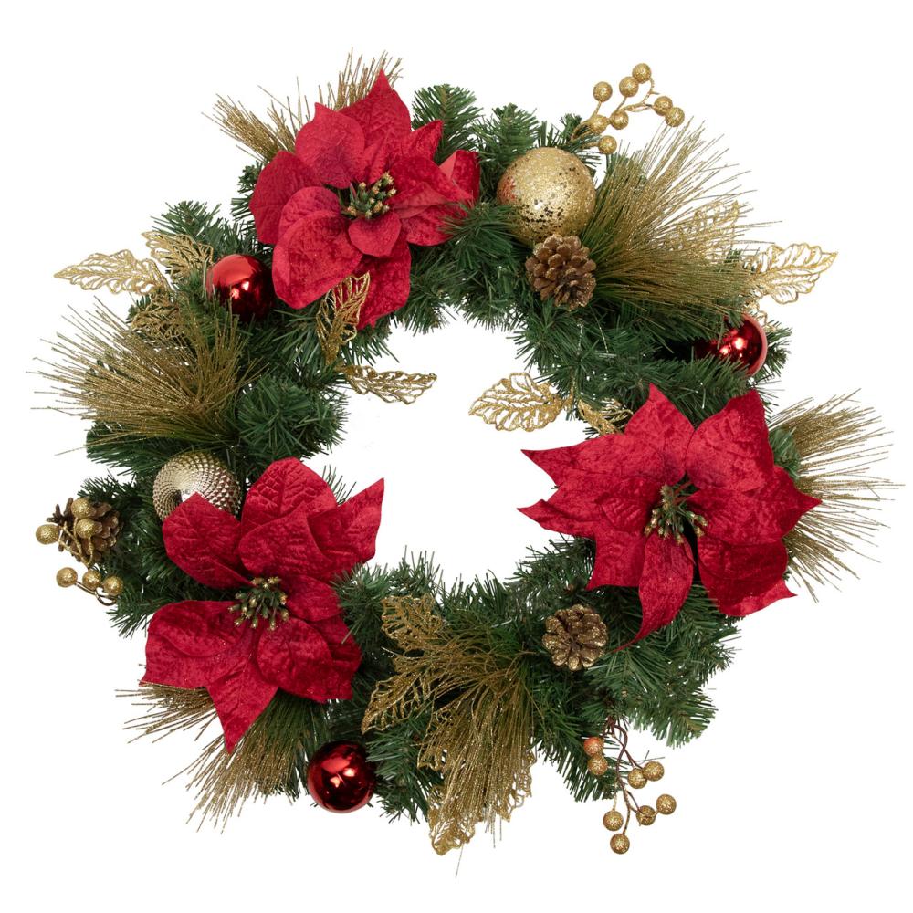 Unlit Wreaths | Poinsettias and Ball Ornaments Artificial Christmas Wreath – 24-Inch, Unlit Specialty Wreaths Specialty Wreaths