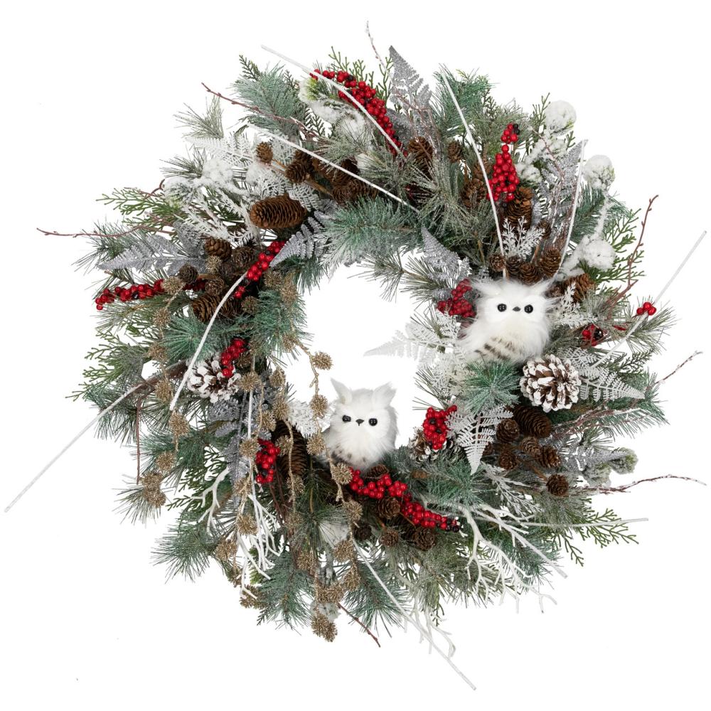 Unlit Wreaths | Real Touch™ Snowy Pine Owls and Berries Artificial Christmas Wreath – 34" – Unlit Specialty Wreaths Specialty Wreaths