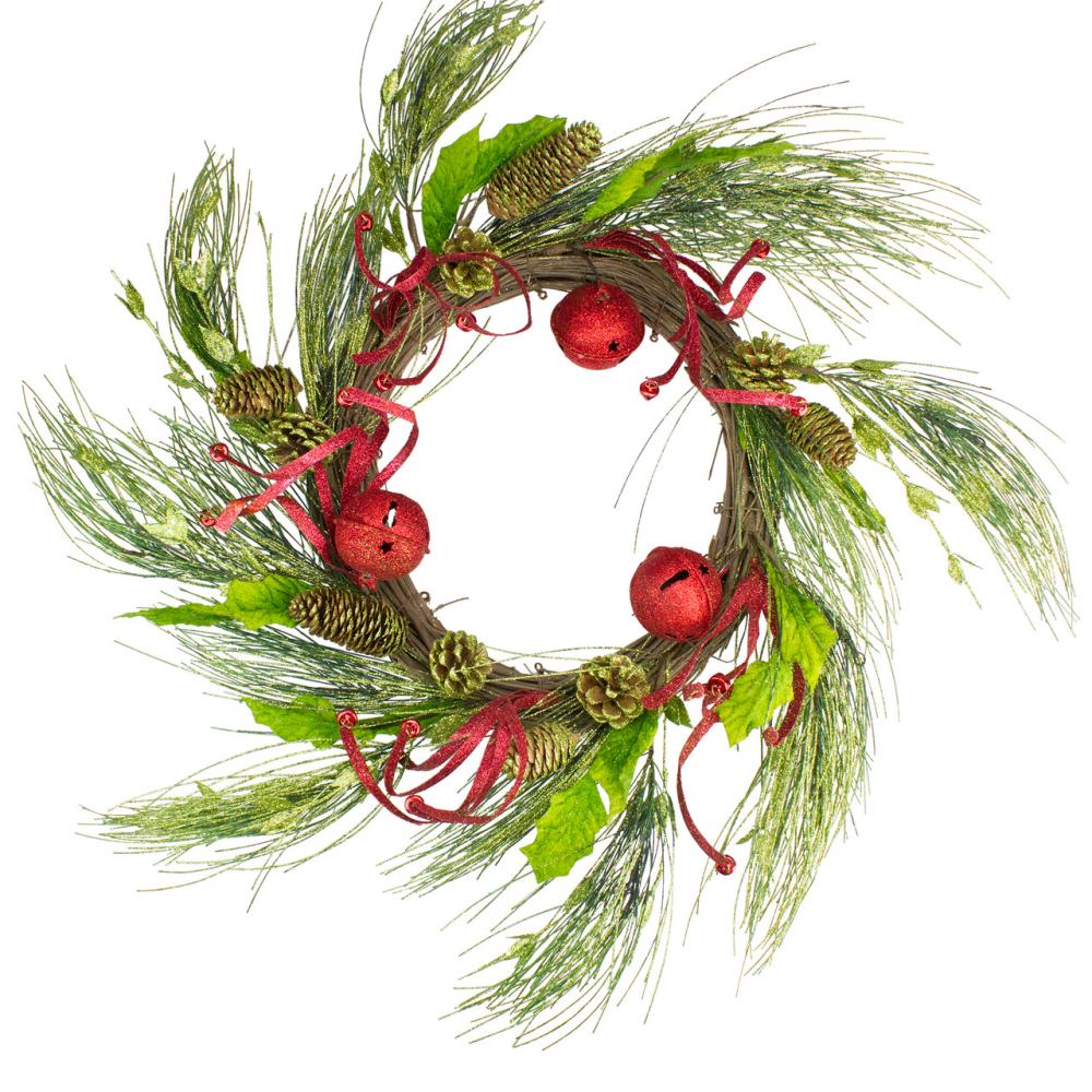 Unlit Wreaths | Red and Green Jingle Bell Glitter Artificial Christmas Wreath – 21-Inch, Unlit Traditional Pine Wreaths Traditional Pine Wreaths