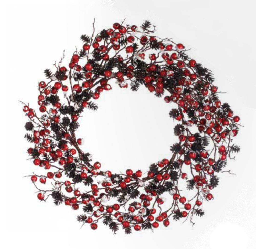 Unlit Wreaths | Red Berry and Pine Cone Snow Flocked Artificial Christmas Wreath – 24 inches Unlit Berry Wreaths Berry Wreaths