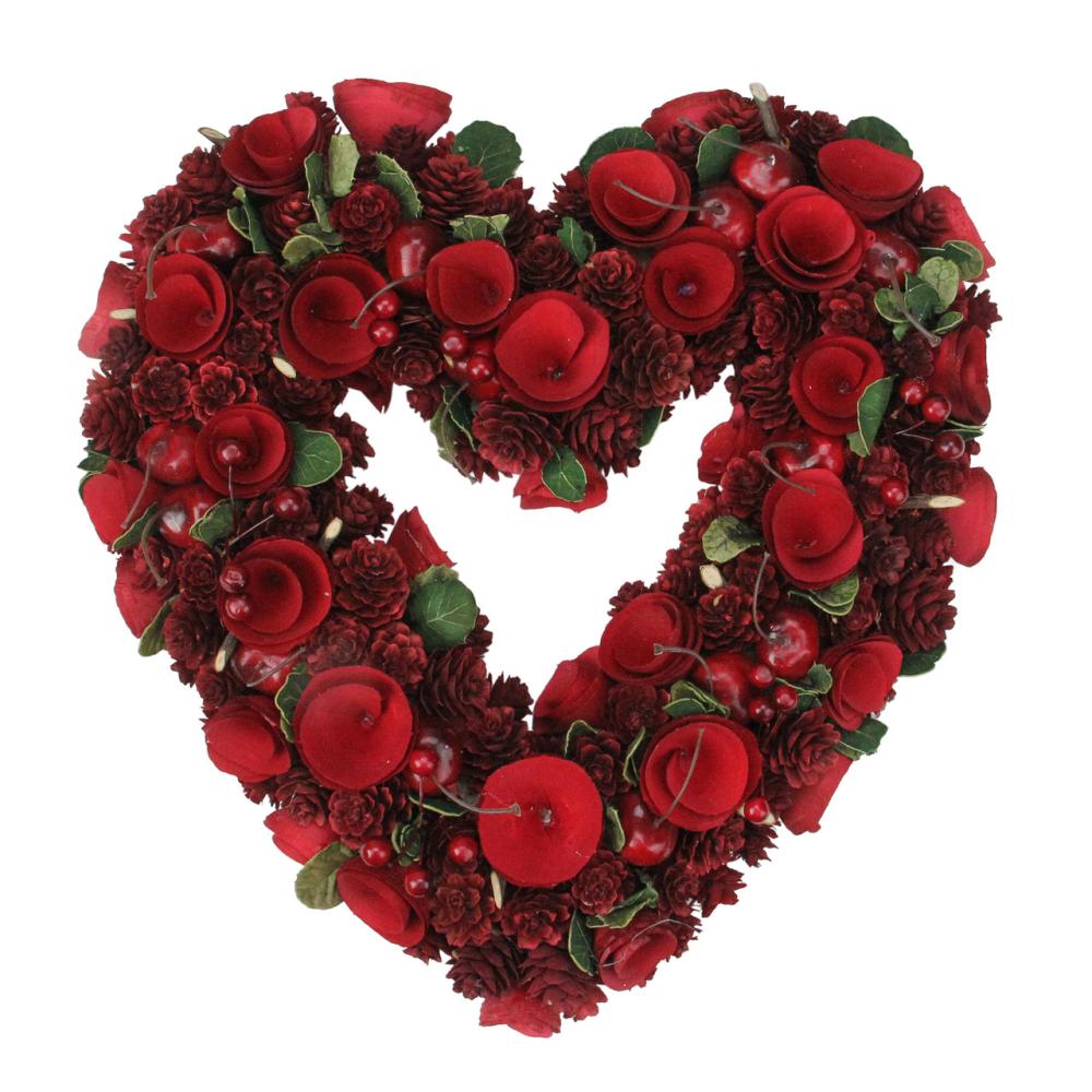 Unlit Wreaths | Red Wooden Rose and Cherries Valentine’s Day Heart Wreath, 13-Inch, Unlit Unlit Wreaths Unlit Wreaths