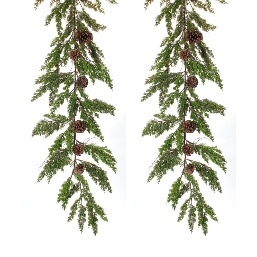 Unlit Wreaths | Set of 2 Green and Brown Plastic Pine with Cone Garland 6" Unlit Wreaths Unlit Wreaths