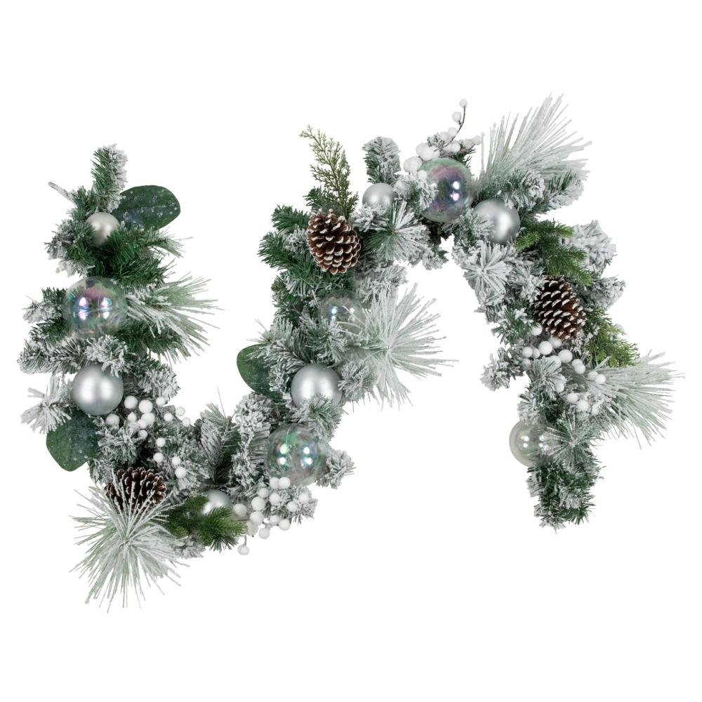 Frosted, Flocked, Iced Garland | 6′ Flocked Pine Artificial Christmas Garland with Iridescent Ornaments, Unlit Frosted, Flocked, Iced Garland Frosted, Flocked, Iced Garland