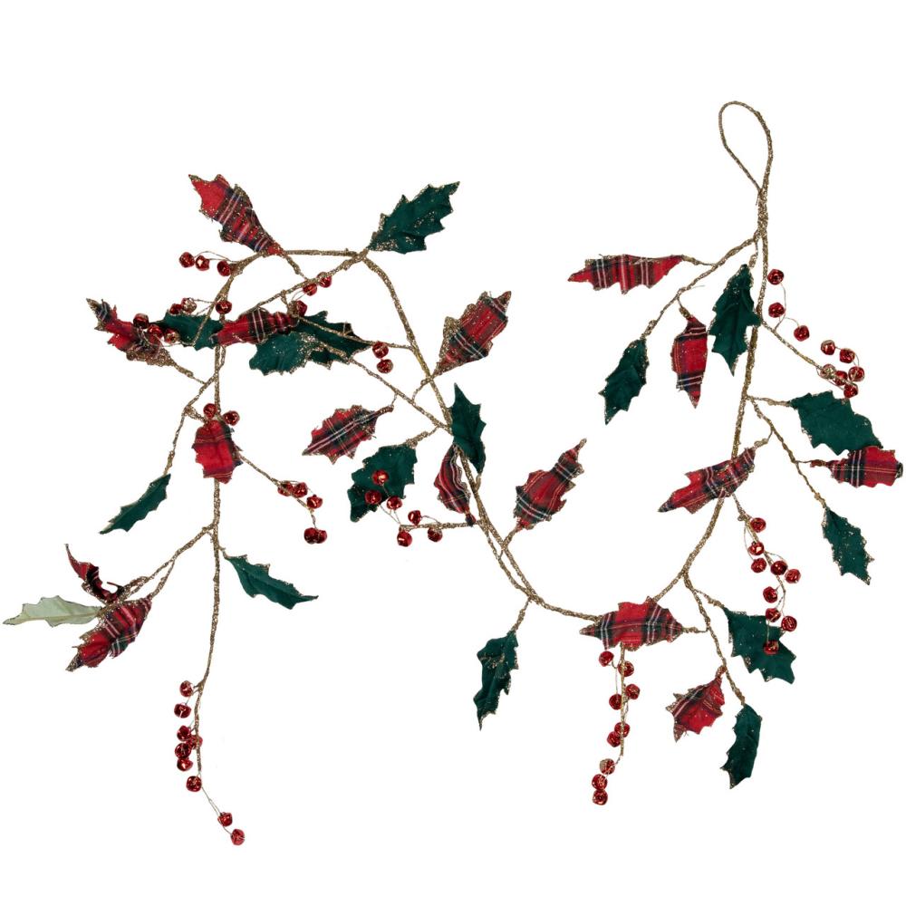 Unlit Garland | 5′ Green and Red Plaid Holly with Jingle Bells Christmas Garland – Unlit Garland Unlit Garland