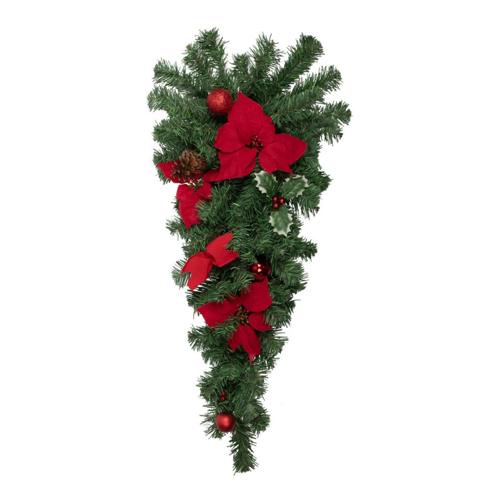 Unlit Teardrops | 32" Red Poinsettia Pine Cone and Ball Artificial Christmas Teardrop Swag, Unlit Swags & Teardrops Unlit Teardrops