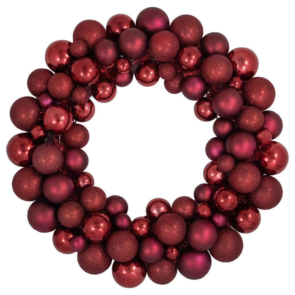 Shatterproof Ball Wreaths | Burgundy 3-Finish Shatterproof Ball Christmas Wreath – 24", Unlit Shatterproof Ball Wreaths Shatterproof Ball Wreaths