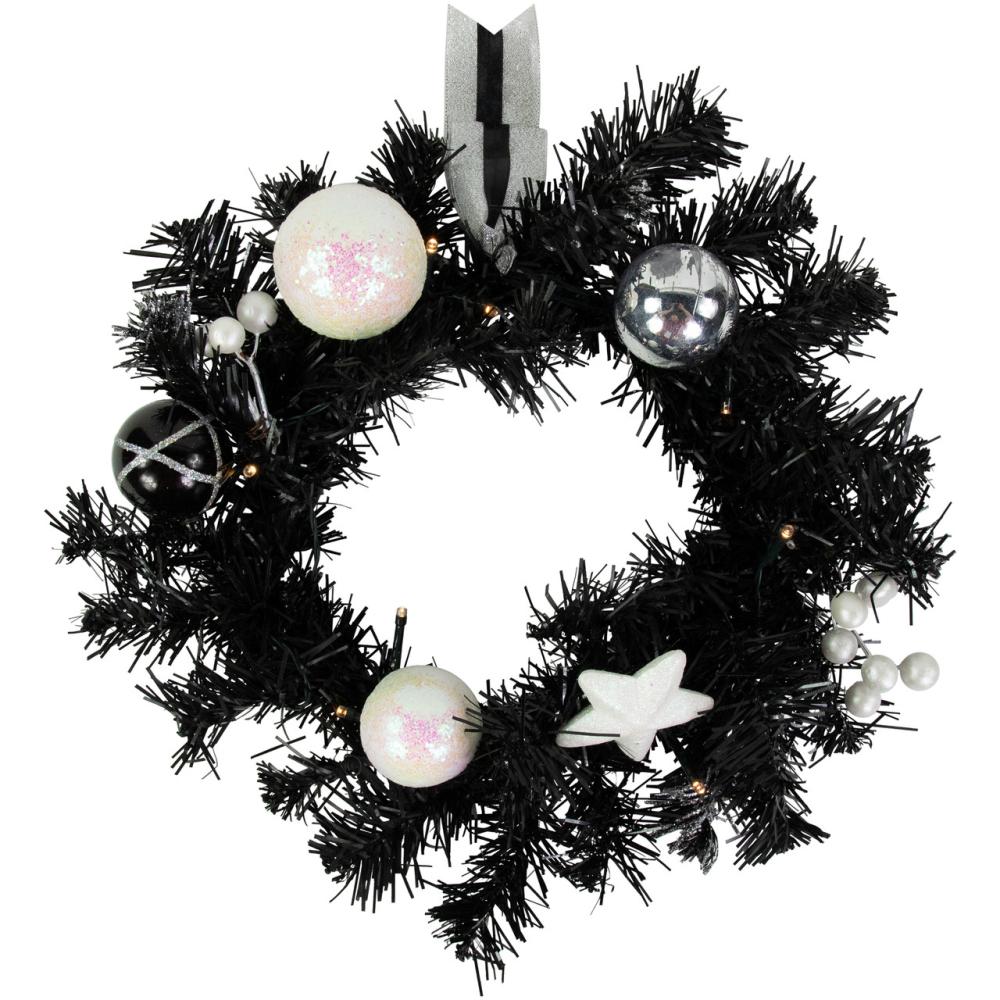 Specialty Wreaths | Pre-Lit Battery Operated Black Pine Christmas Wreath – 16" – Cool White LED Lights Specialty Wreaths Specialty Wreaths