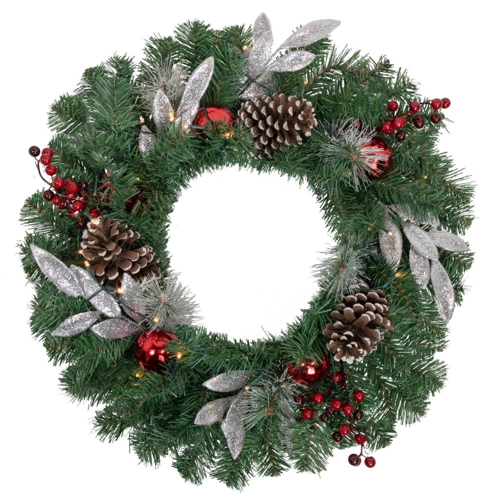 Specialty Wreaths | Pre-Lit Battery Operated Frosted Pine Cone and Berries Christmas Wreath – 24" – White LED Lights Specialty Wreaths Specialty Wreaths