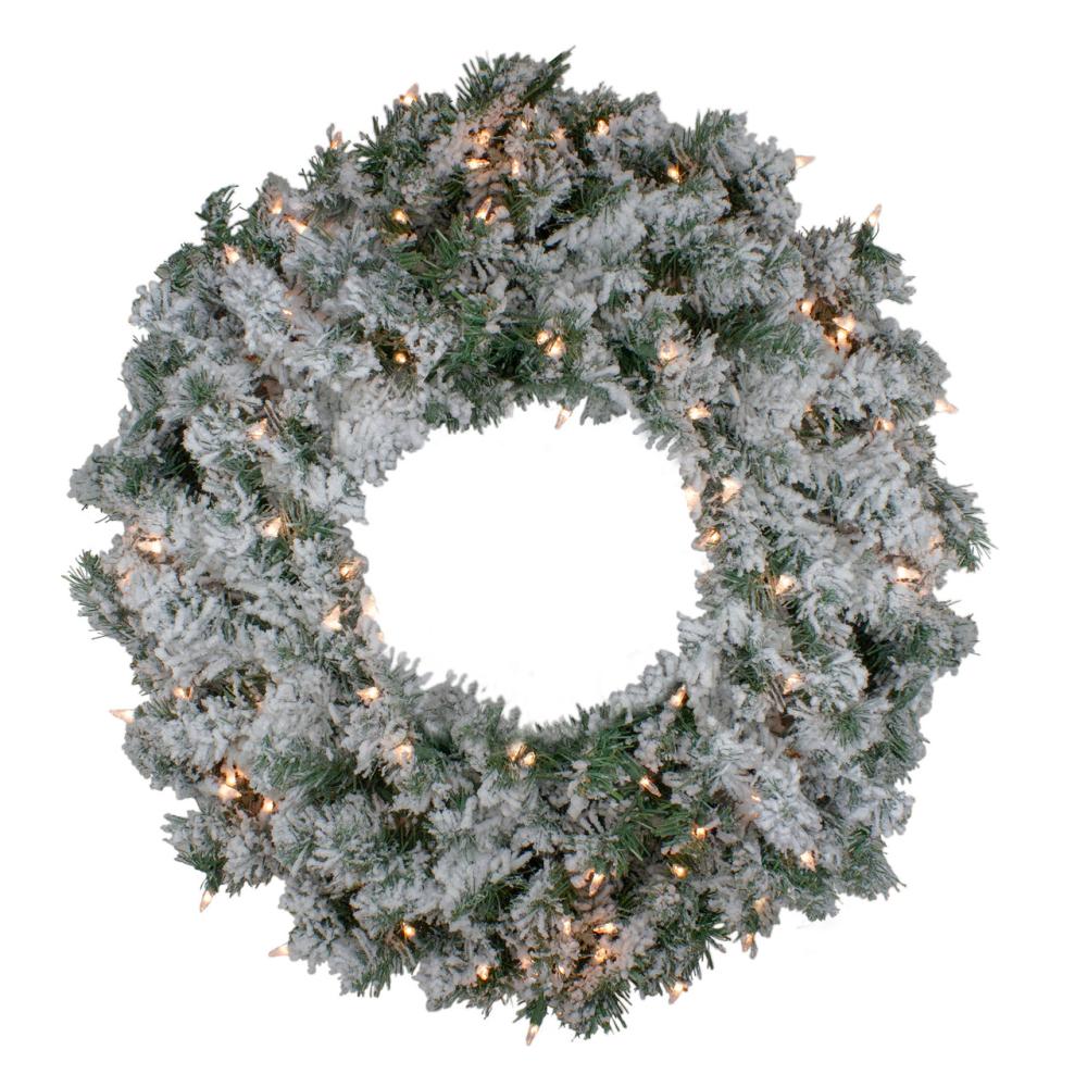 Traditional Pine Wreaths | 30" Pre-Lit Flocked Victoria Pine Artificial Christmas Wreath – Clear Lights Frosted, Flocked, Iced Wreaths Frosted, Flocked, Iced Wreaths